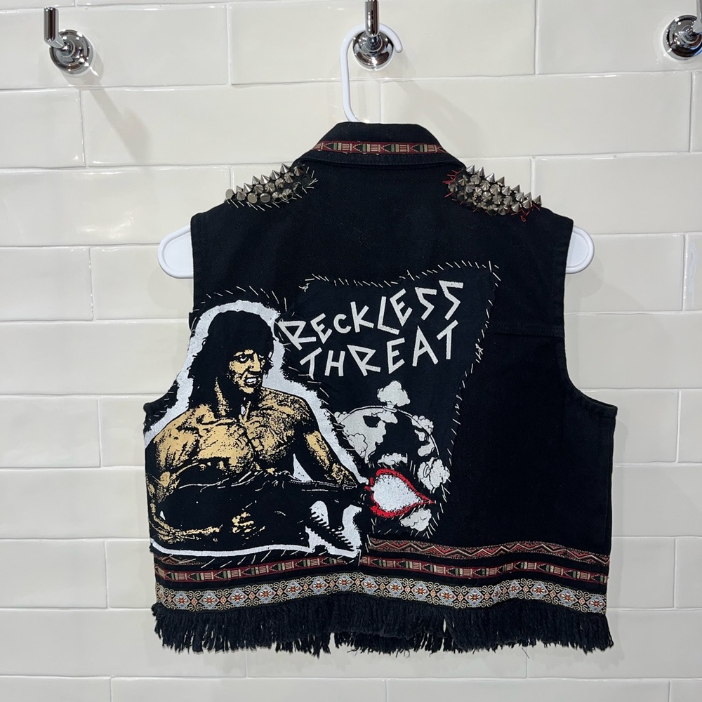 Customized Black Stud Punk Vest with Graphic Patches Pins Fringe Aztec Details